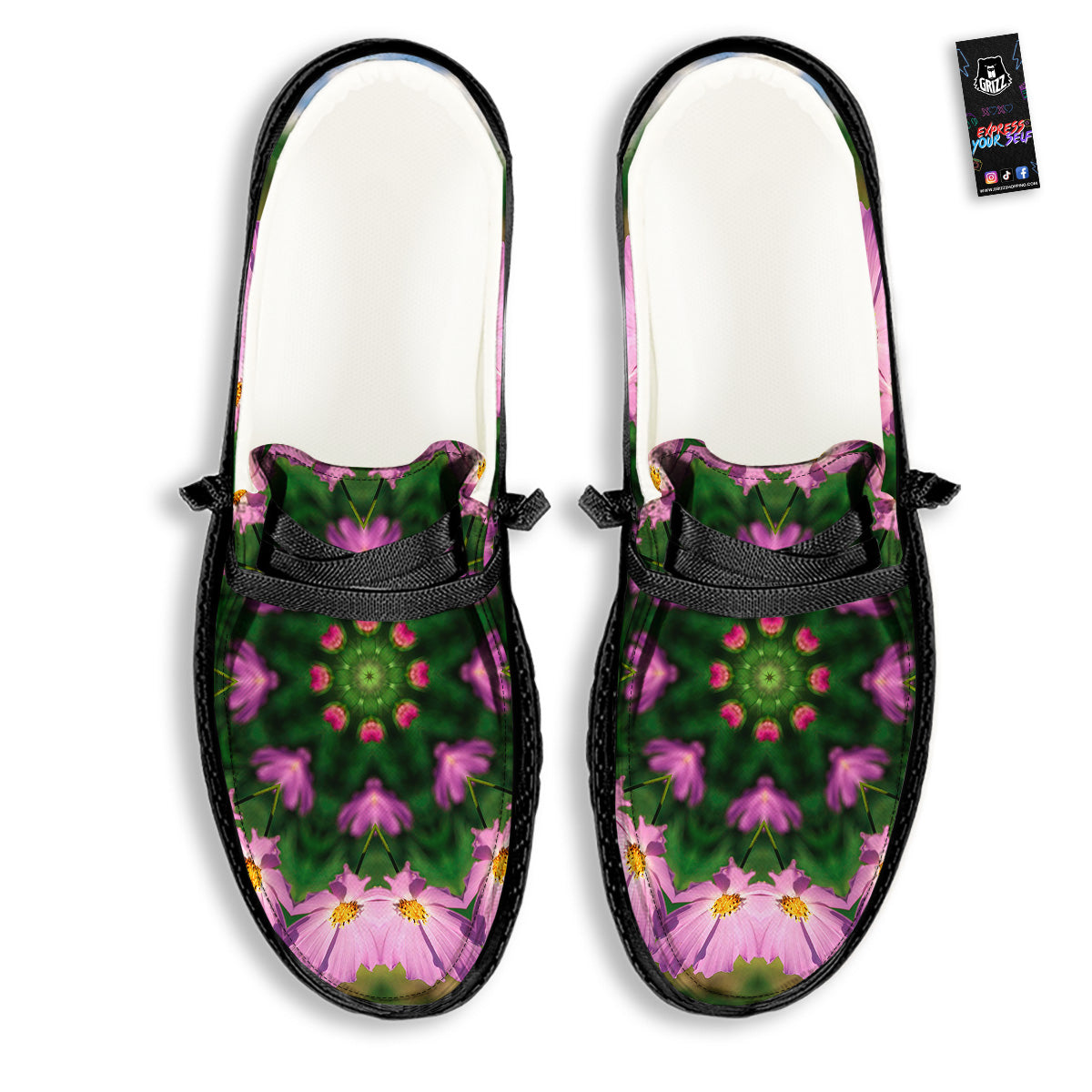 Flowers Kaleidoscope Pink And Blue Print Black Loafers-grizzshop