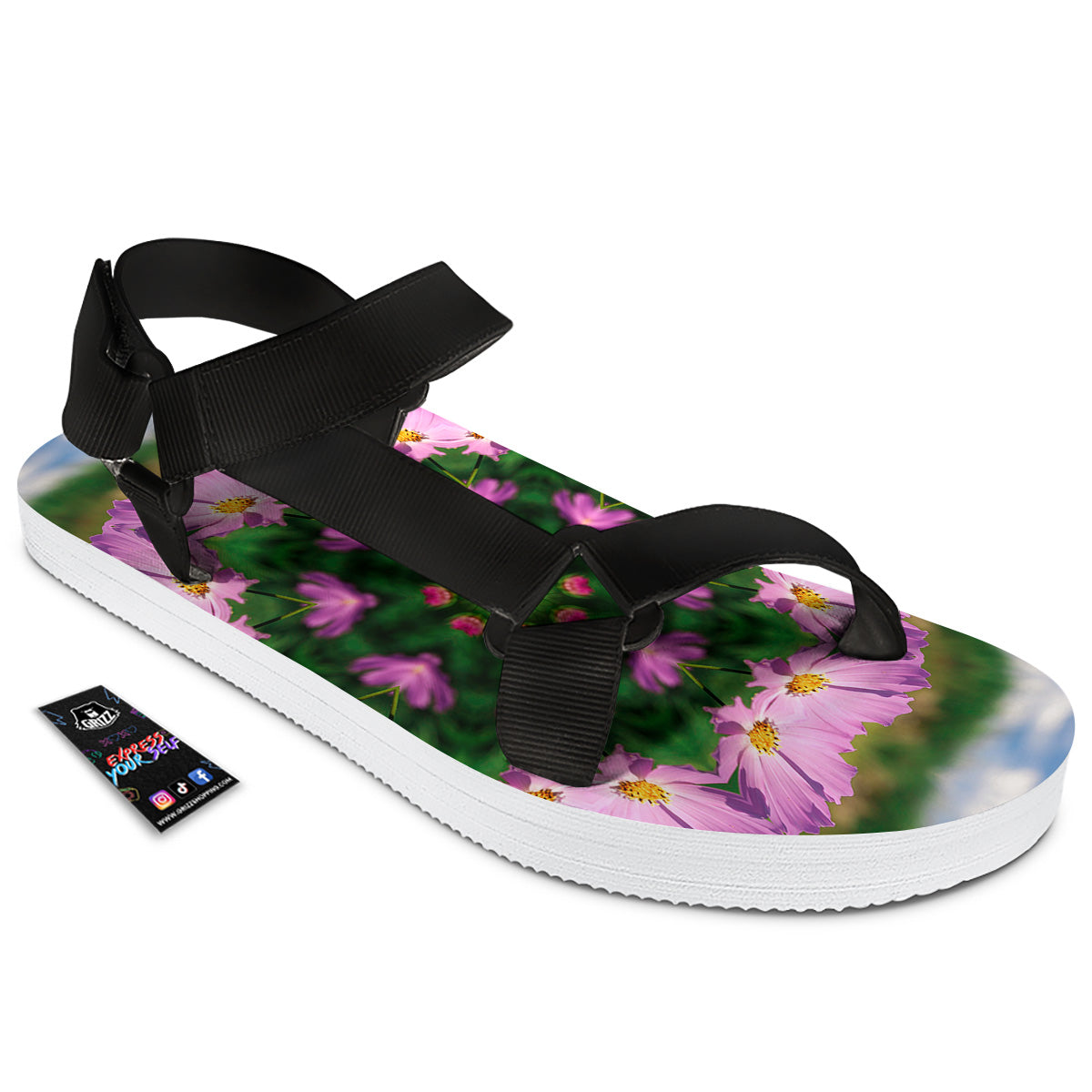 Flowers Kaleidoscope Pink And Blue Print Black Open Toe Sandals-grizzshop