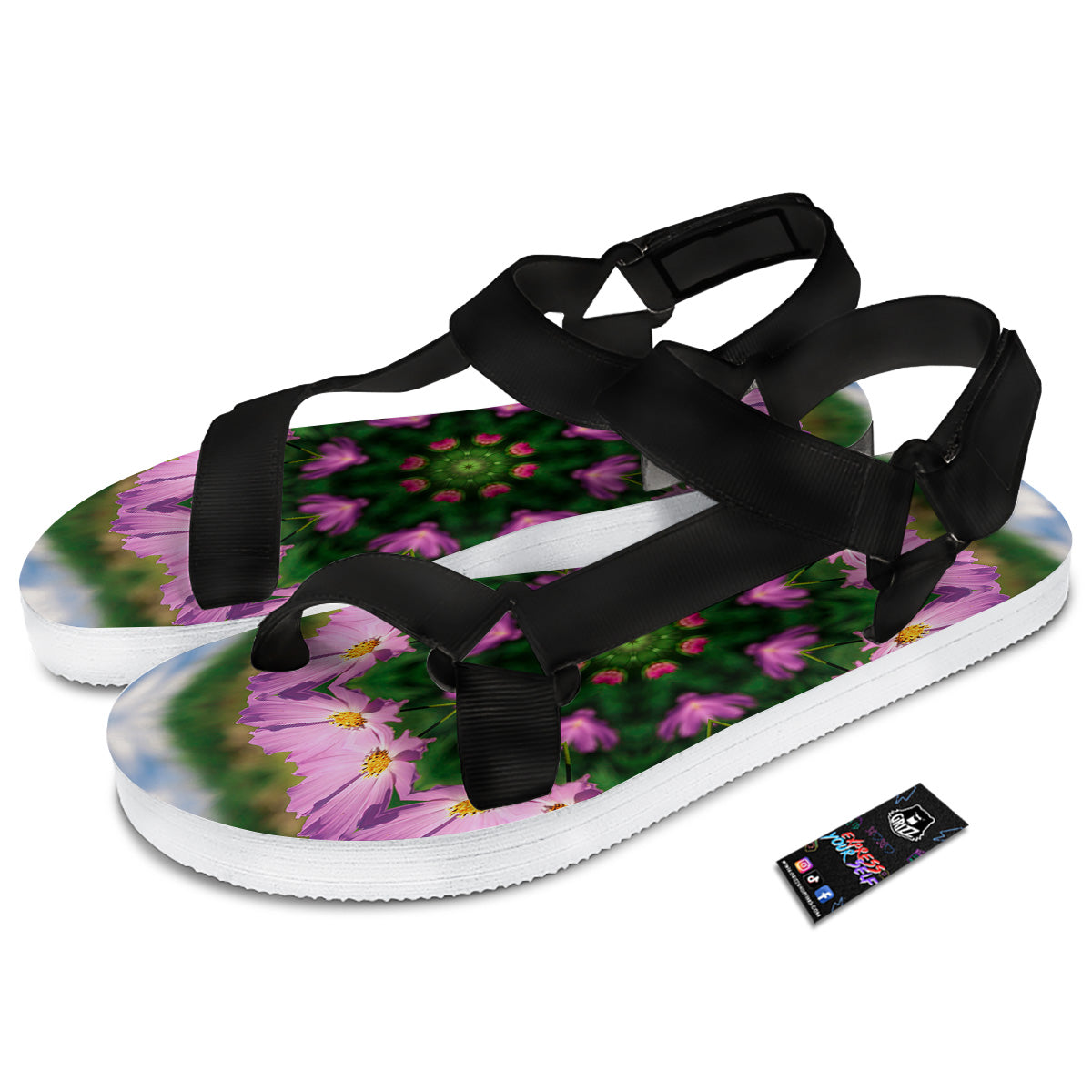 Flowers Kaleidoscope Pink And Blue Print Black Open Toe Sandals-grizzshop