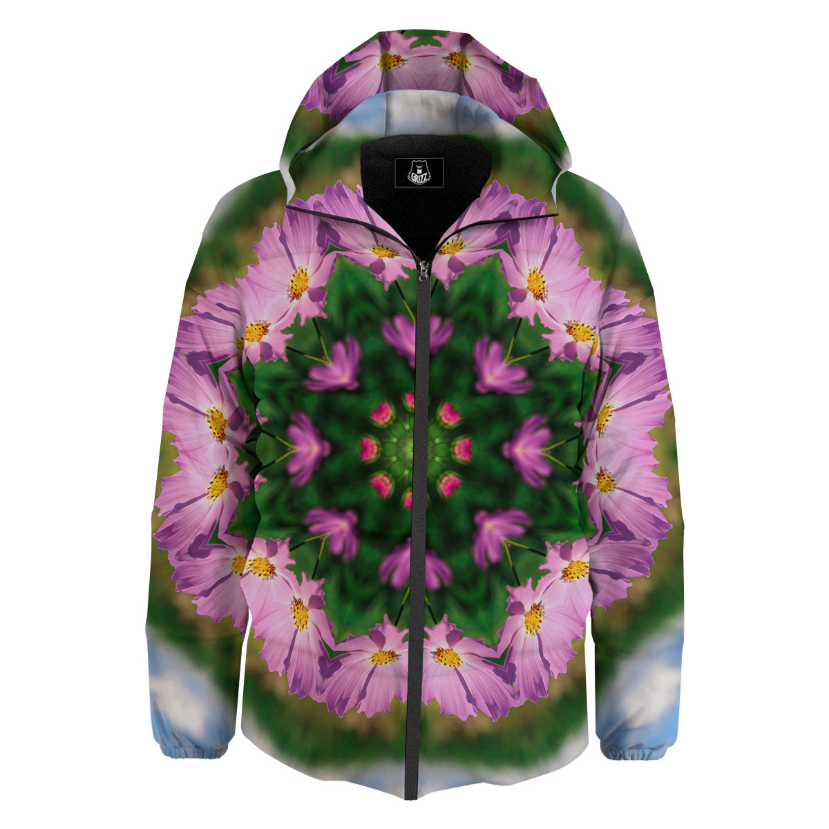 Flowers Kaleidoscope Pink And Blue Print Down Jacket-grizzshop