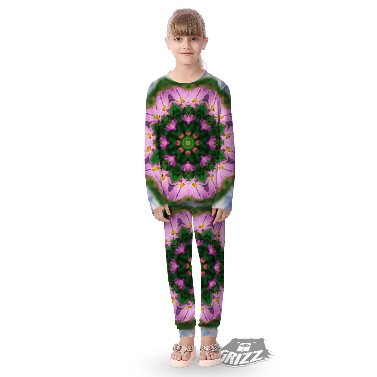 Flowers Kaleidoscope Pink And Blue Print Kid's Pajamas-grizzshop