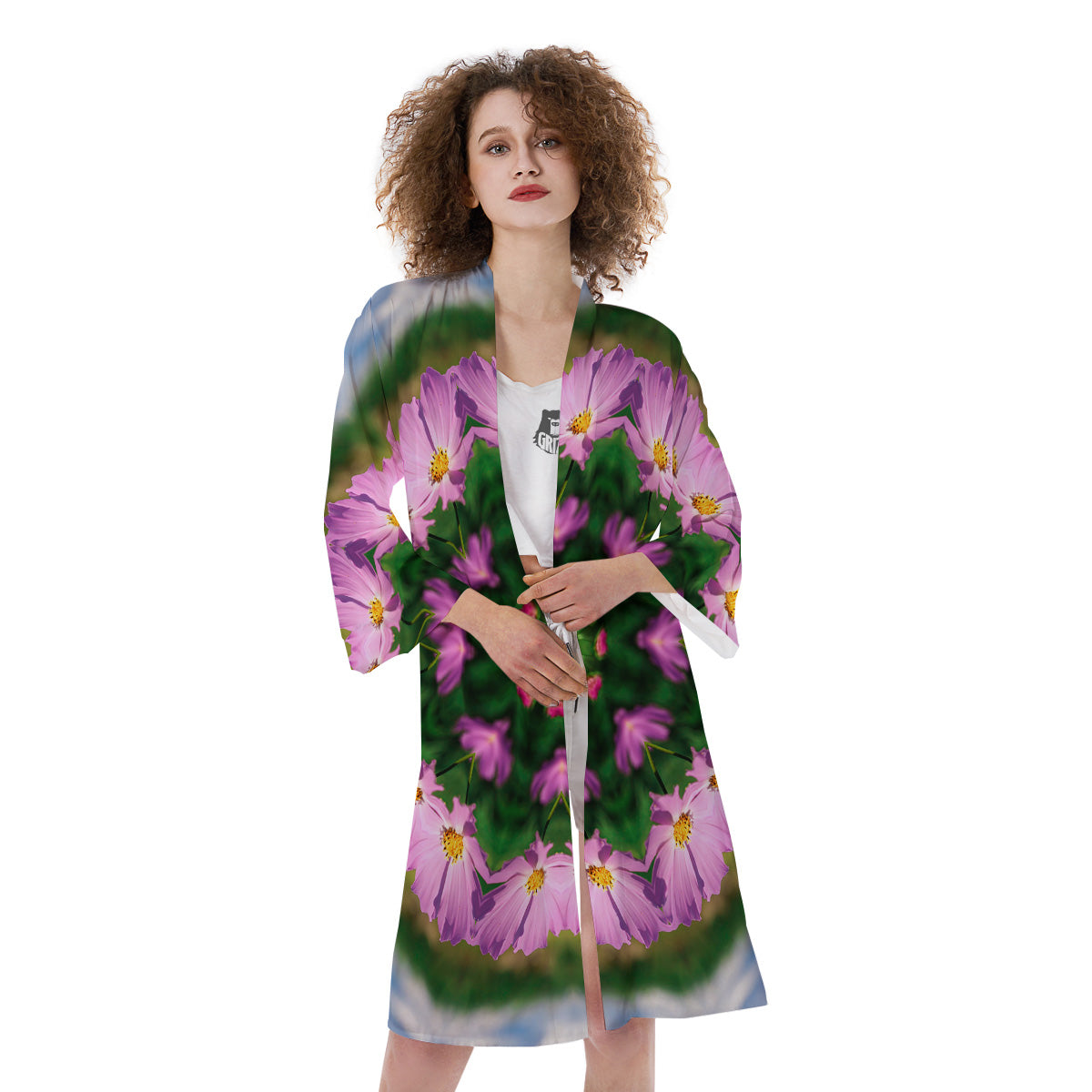 Flowers Kaleidoscope Pink And Blue Print Kimono-grizzshop