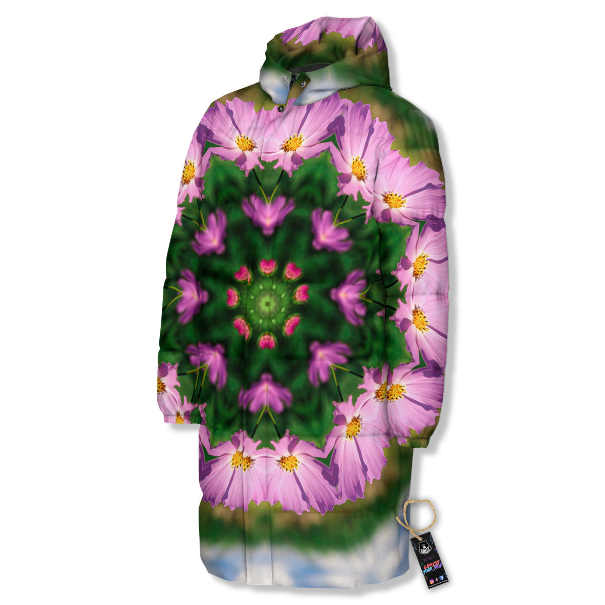 Flowers Kaleidoscope Pink And Blue Print Long Down Jacket-grizzshop