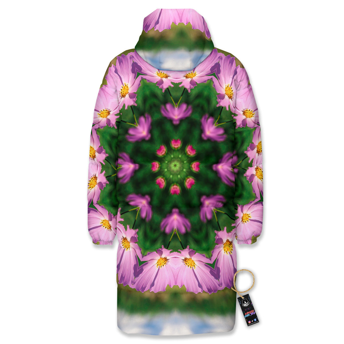 Flowers Kaleidoscope Pink And Blue Print Long Down Jacket-grizzshop