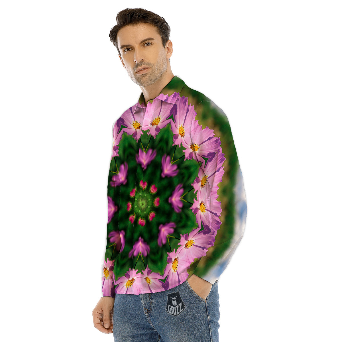 Flowers Kaleidoscope Pink And Blue Print Men's Dress Shirts-grizzshop