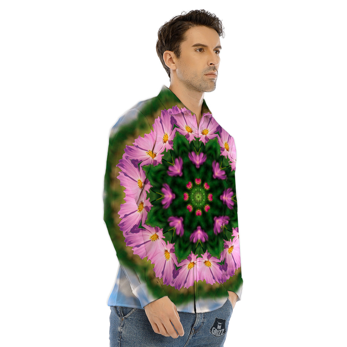 Flowers Kaleidoscope Pink And Blue Print Men's Dress Shirts-grizzshop