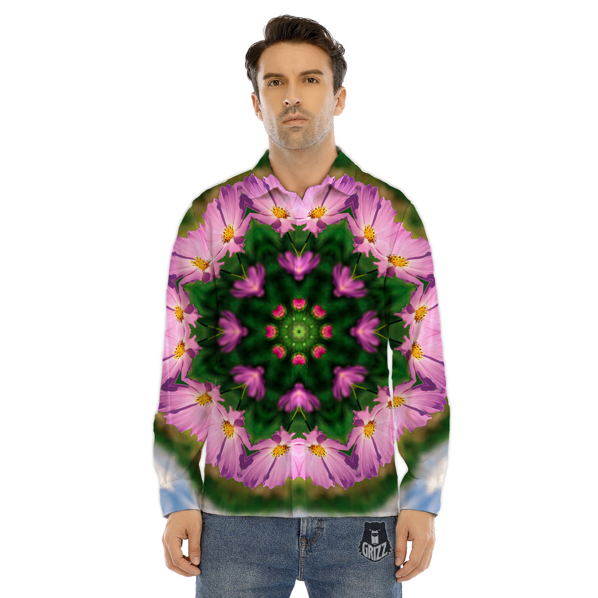 Flowers Kaleidoscope Pink And Blue Print Men's Dress Shirts-grizzshop