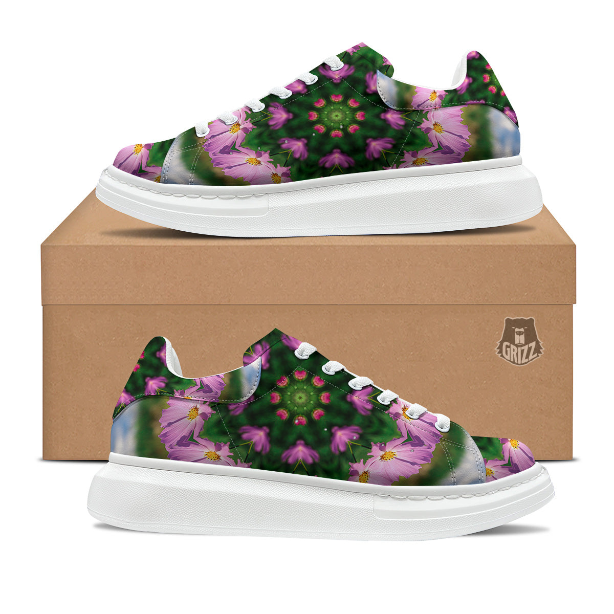 Flowers Kaleidoscope Pink And Blue Print Platform Shoes-grizzshop