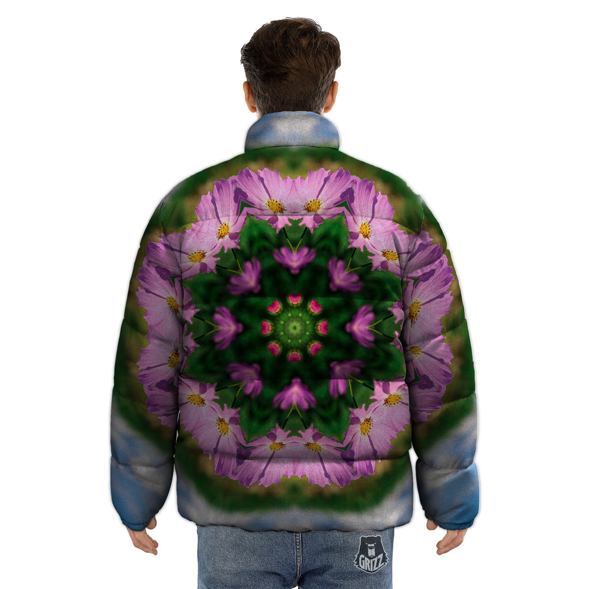 Flowers Kaleidoscope Pink And Blue Print Puffer Jacket-grizzshop