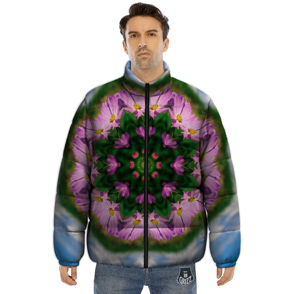 Flowers Kaleidoscope Pink And Blue Print Puffer Jacket-grizzshop