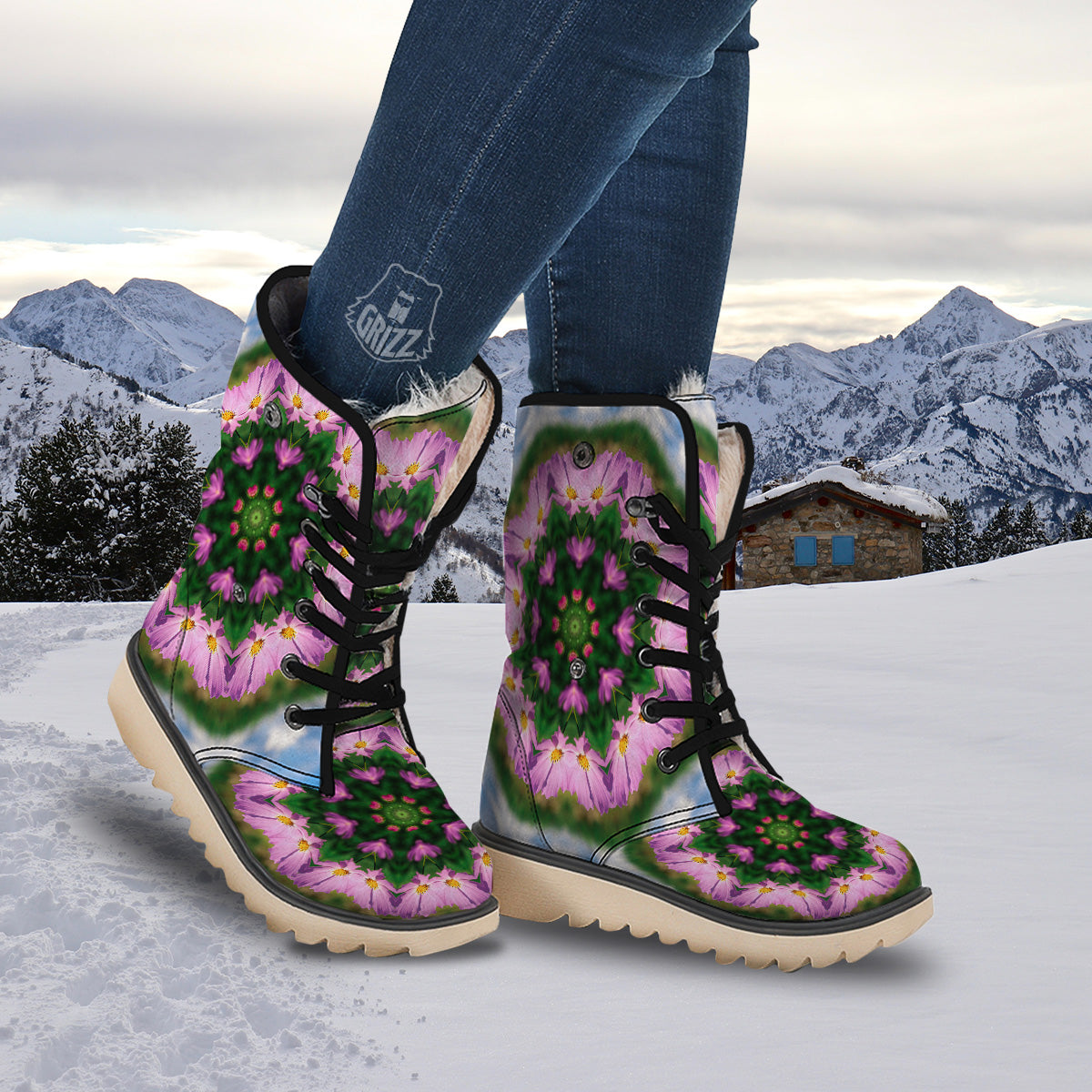 Flowers Kaleidoscope Pink And Blue Print Snow Boots-grizzshop