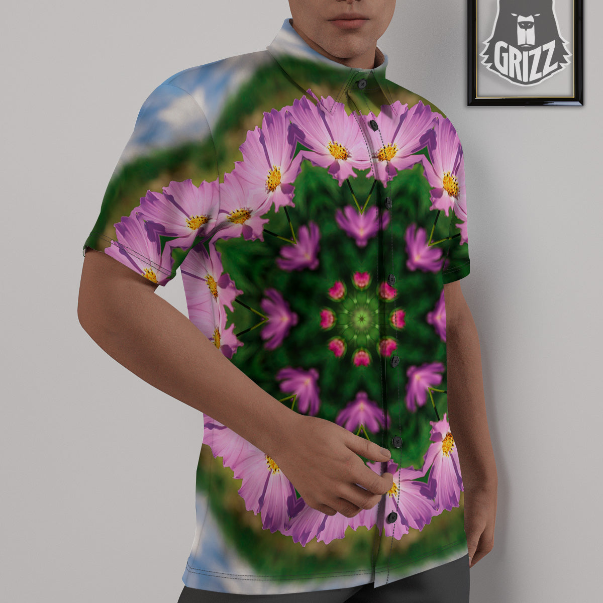 Flowers Kaleidoscope Pink And Blue Print Untucked Shirts-grizzshop