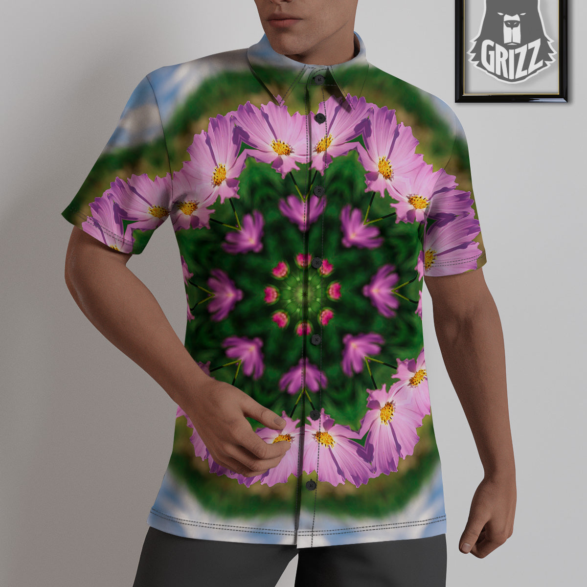 Flowers Kaleidoscope Pink And Blue Print Untucked Shirts-grizzshop