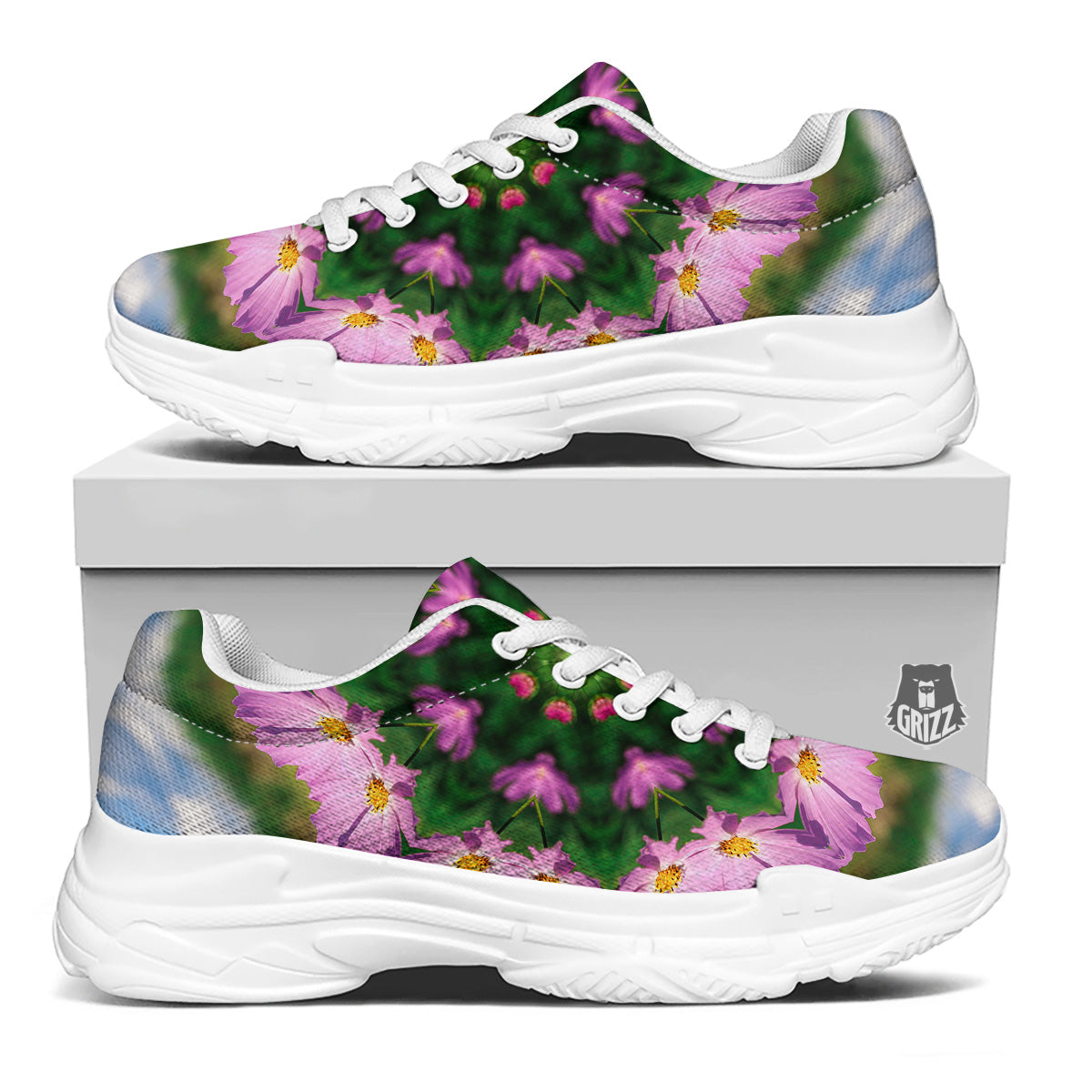 Flowers Kaleidoscope Pink And Blue Print White Chunky Shoes-grizzshop
