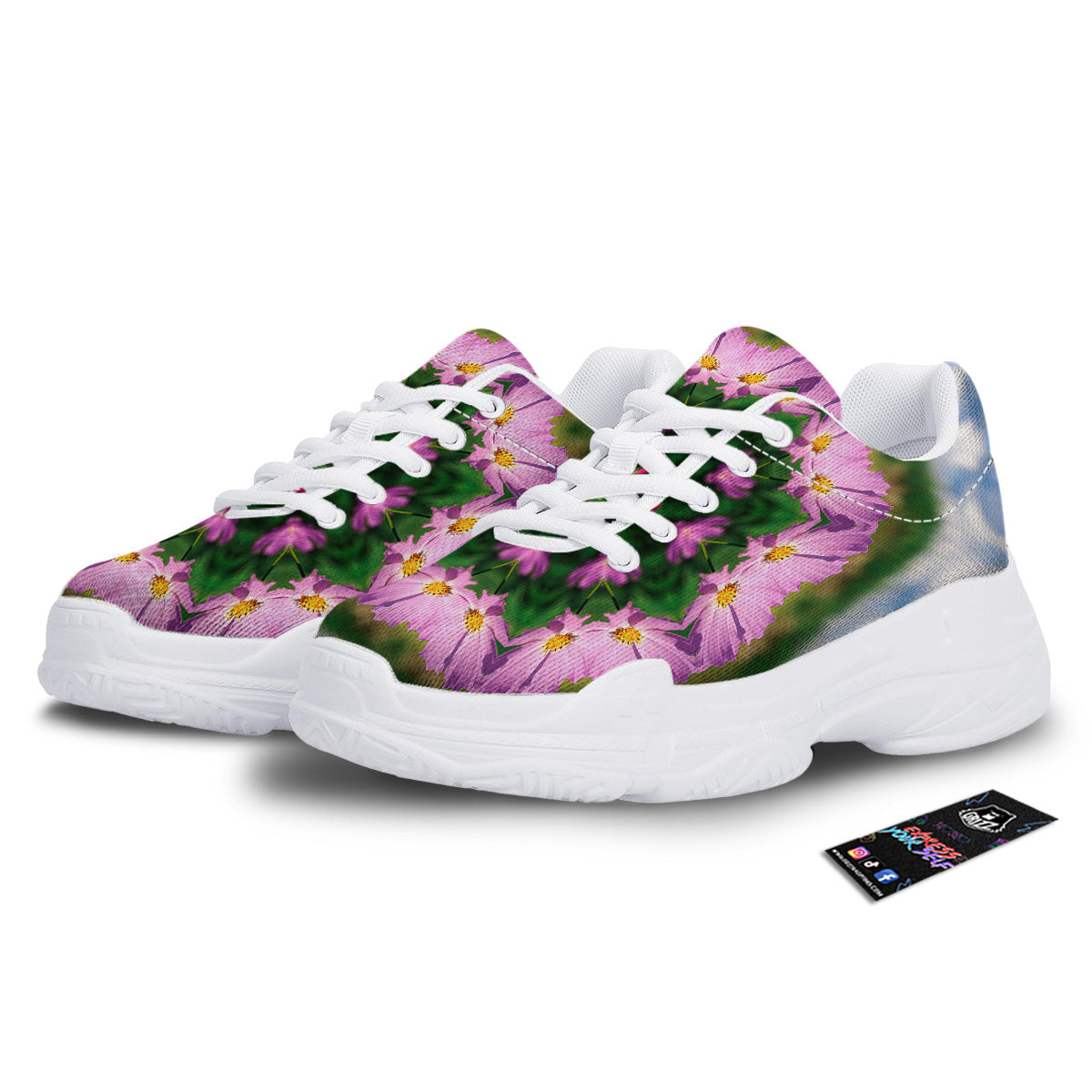 Flowers Kaleidoscope Pink And Blue Print White Chunky Shoes-grizzshop