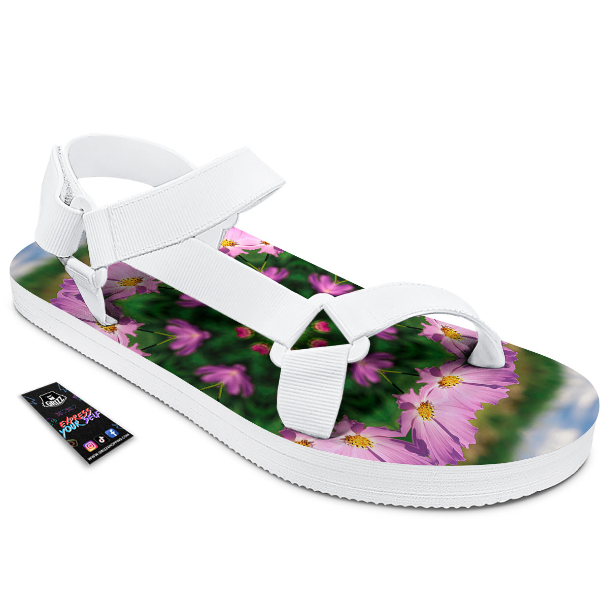 Flowers Kaleidoscope Pink And Blue Print White Open Toe Sandals-grizzshop