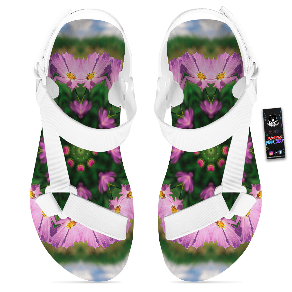 Flowers Kaleidoscope Pink And Blue Print White Open Toe Sandals-grizzshop