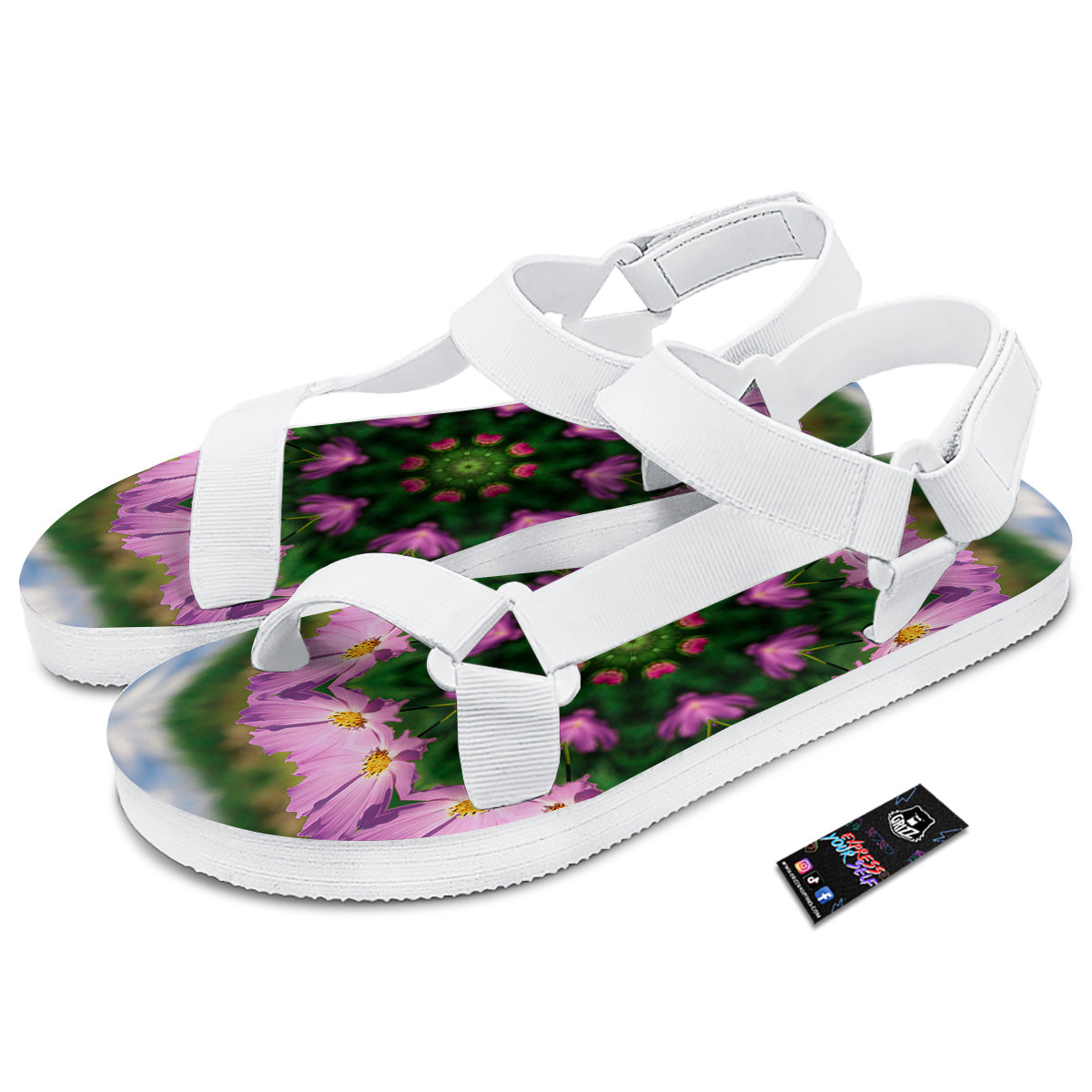 Flowers Kaleidoscope Pink And Blue Print White Open Toe Sandals-grizzshop