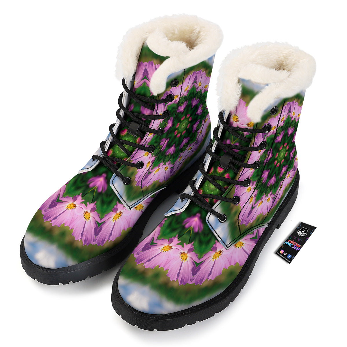 Flowers Kaleidoscope Pink And Blue Print Winter Boots-grizzshop