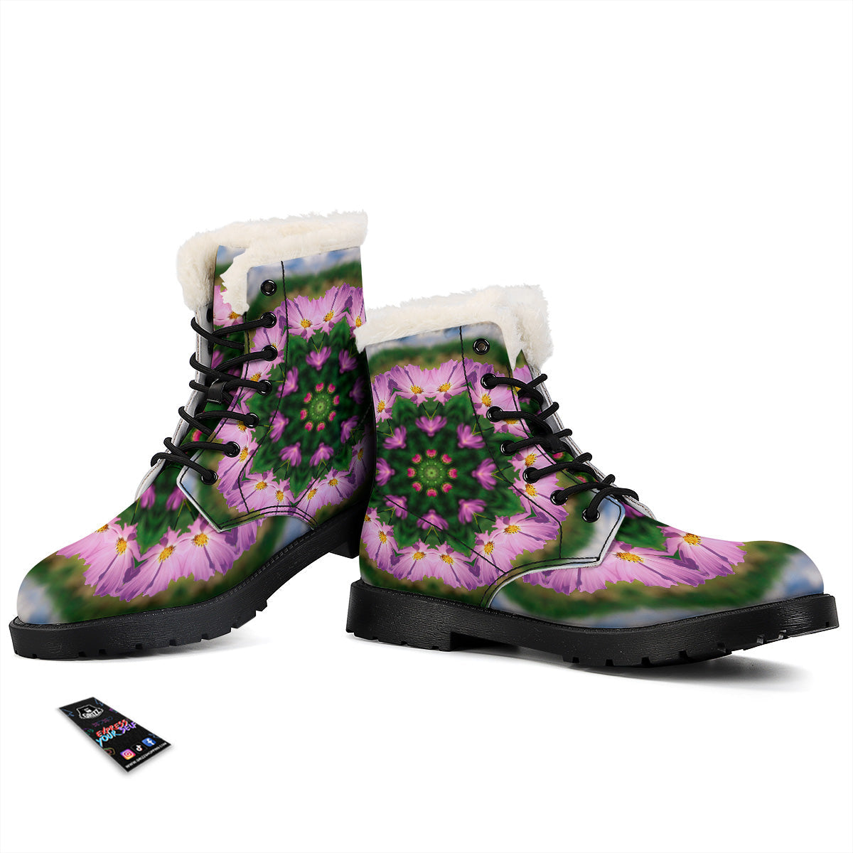 Flowers Kaleidoscope Pink And Blue Print Winter Boots-grizzshop