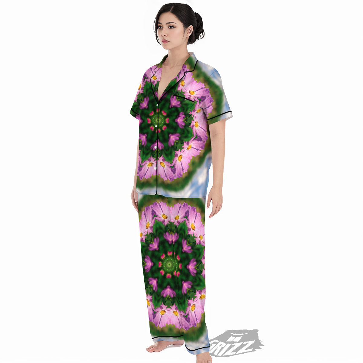 Flowers Kaleidoscope Pink And Blue Print Women's Pajamas Set-grizzshop