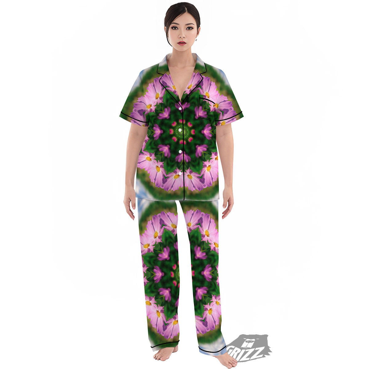 Flowers Kaleidoscope Pink And Blue Print Women's Pajamas Set-grizzshop