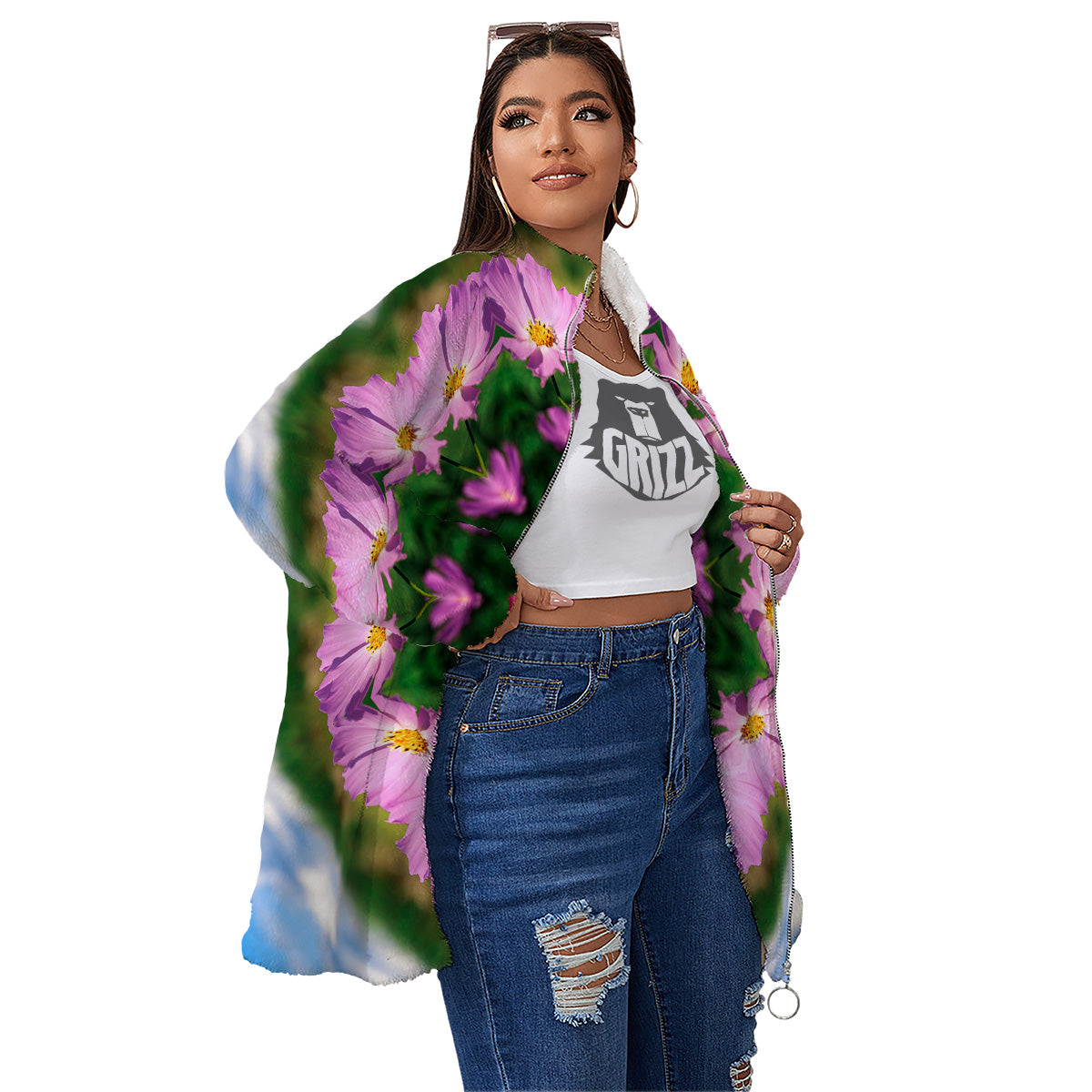 Flowers Kaleidoscope Pink And Blue Print Women's Sherpa Jacket-grizzshop