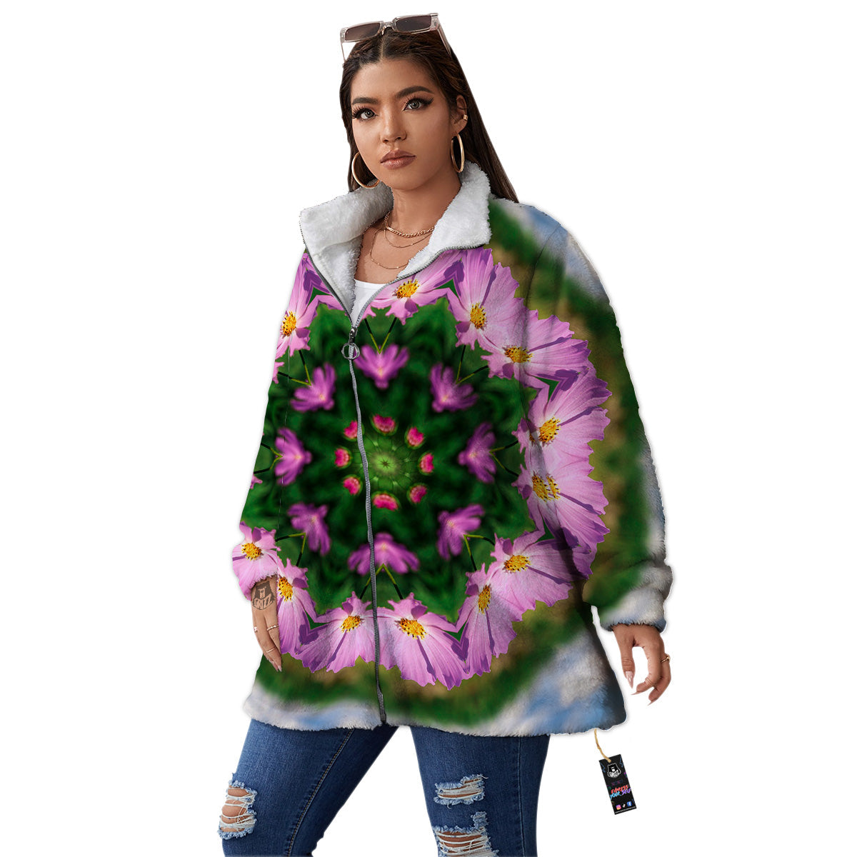 Flowers Kaleidoscope Pink And Blue Print Women's Sherpa Jacket-grizzshop