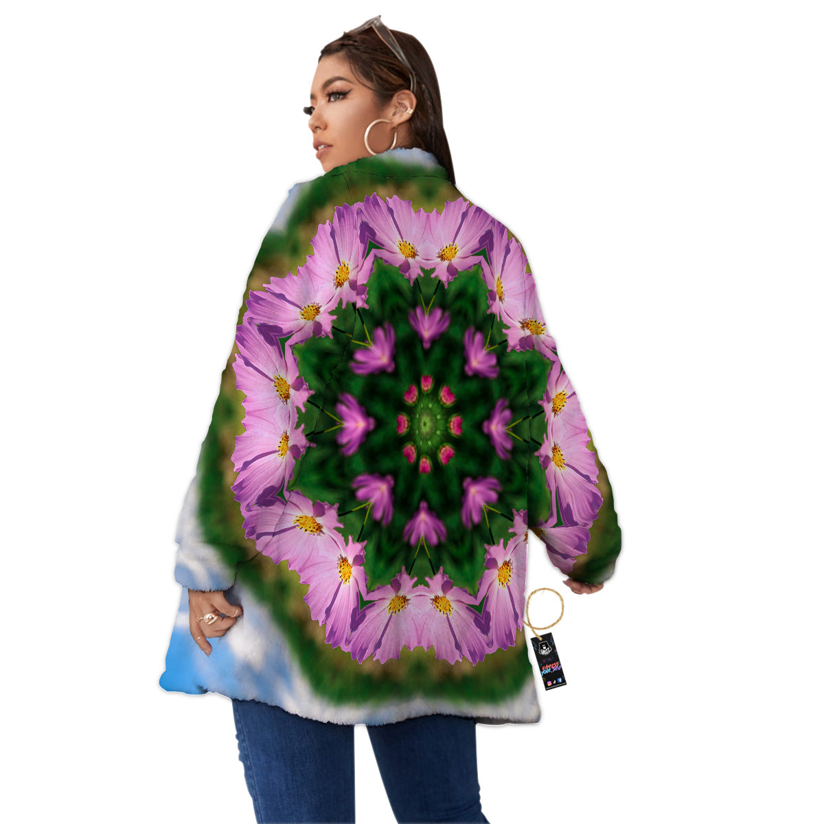 Flowers Kaleidoscope Pink And Blue Print Women's Sherpa Jacket-grizzshop