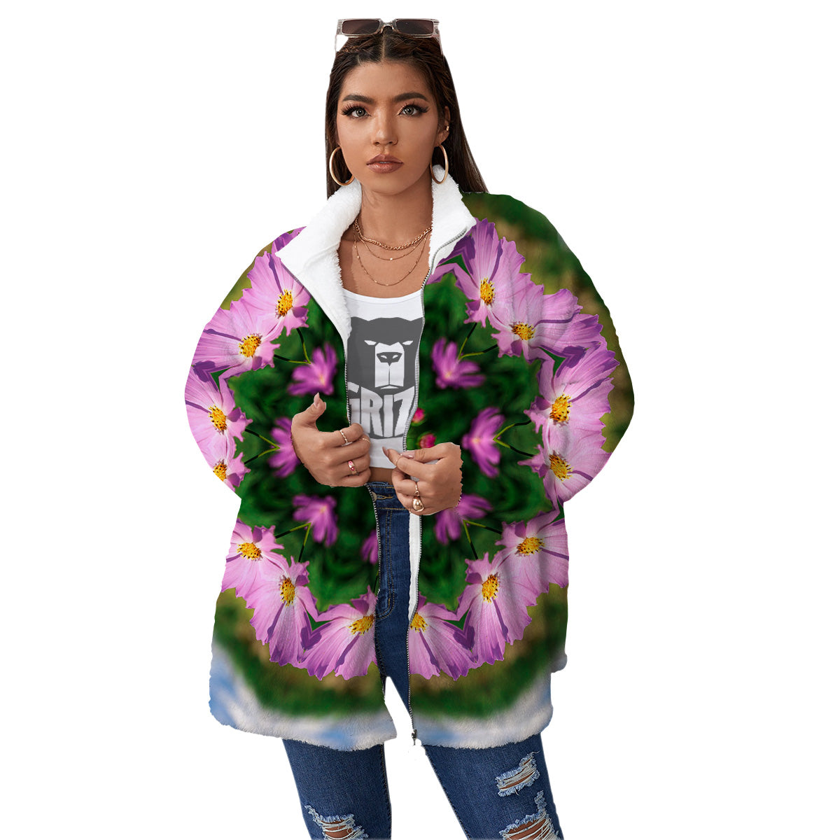 Flowers Kaleidoscope Pink And Blue Print Women's Sherpa Jacket-grizzshop