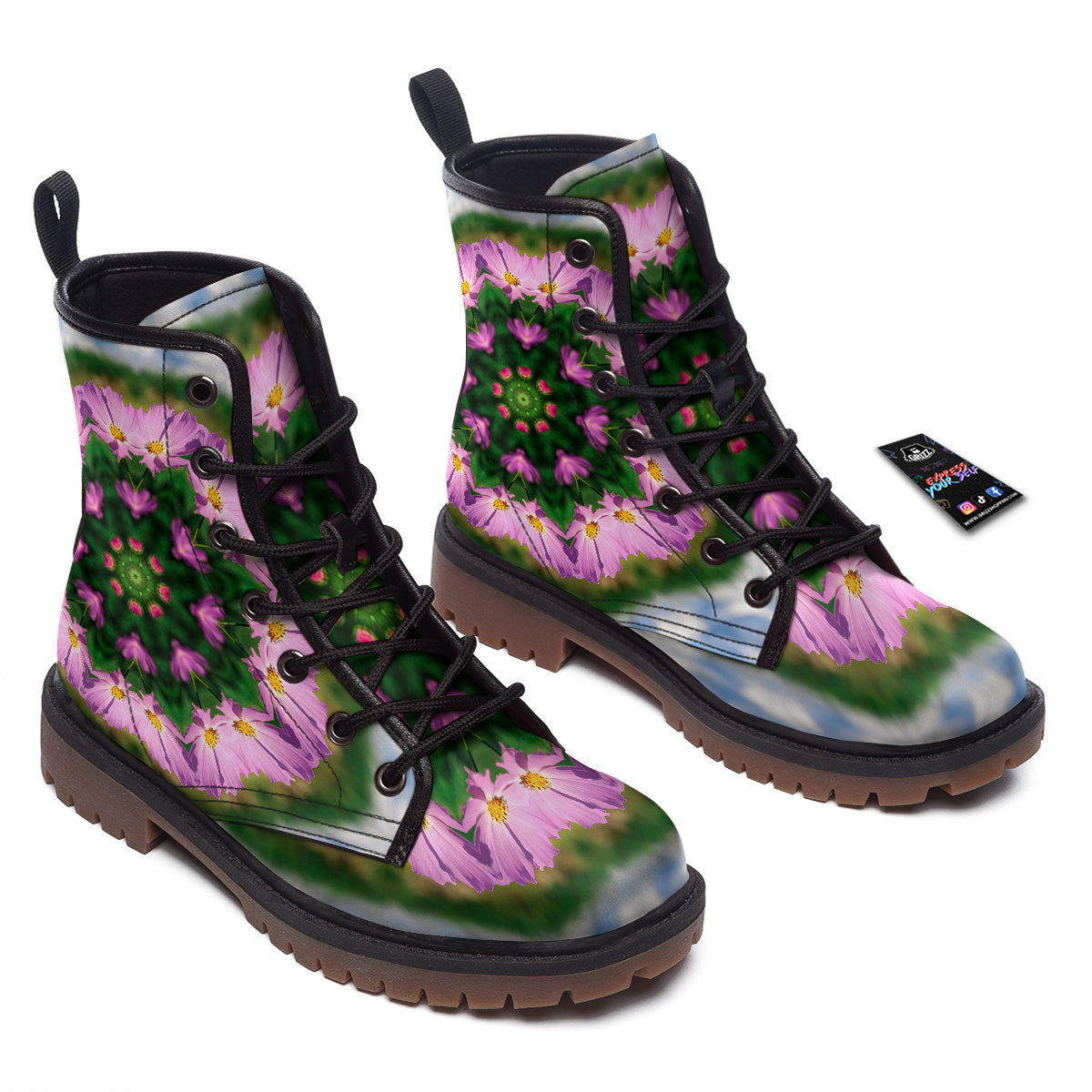 Flowers Kaleidoscope Pink And Blue Print Work Boots-grizzshop
