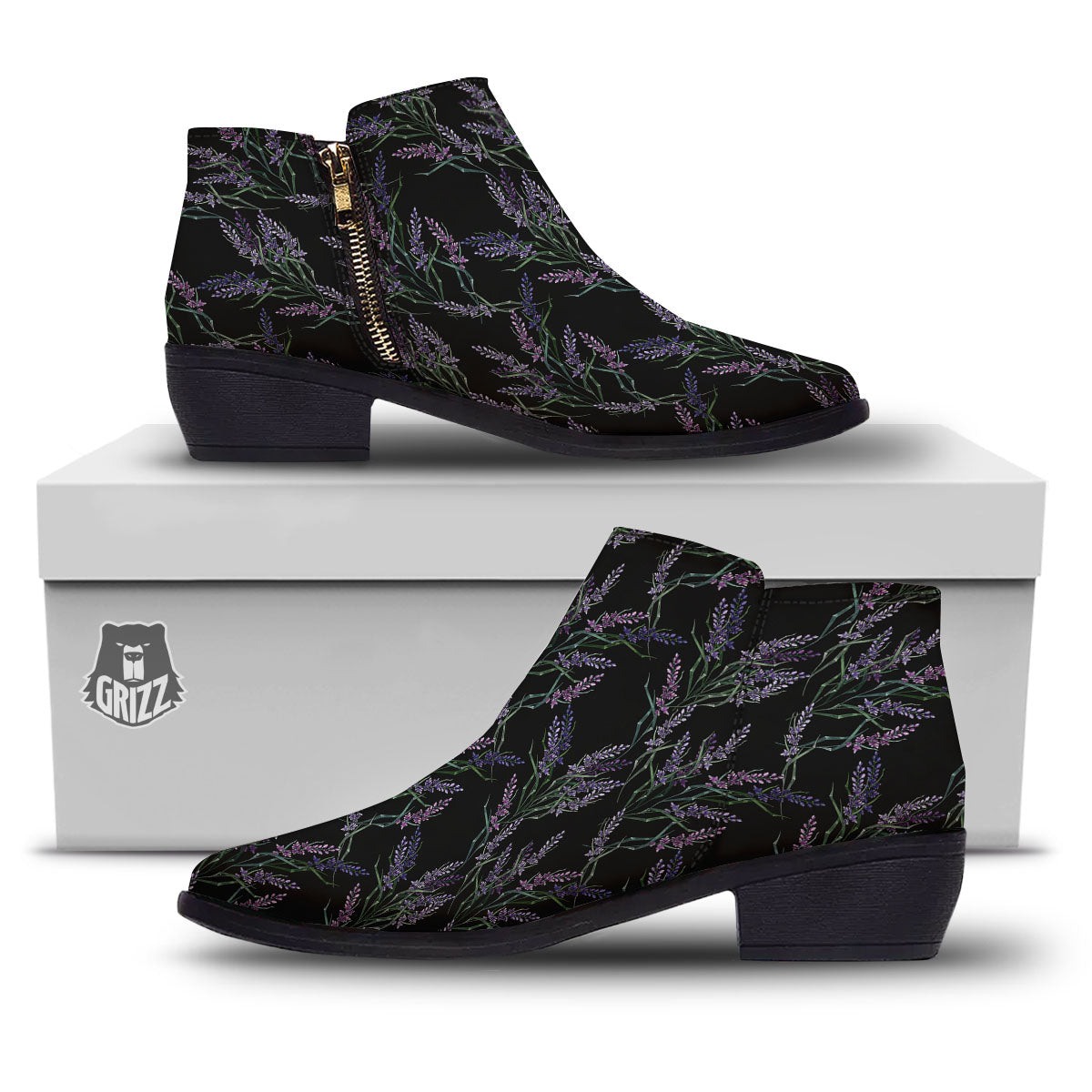 Flowers Lavender Print Pattern Ankle Boots-grizzshop