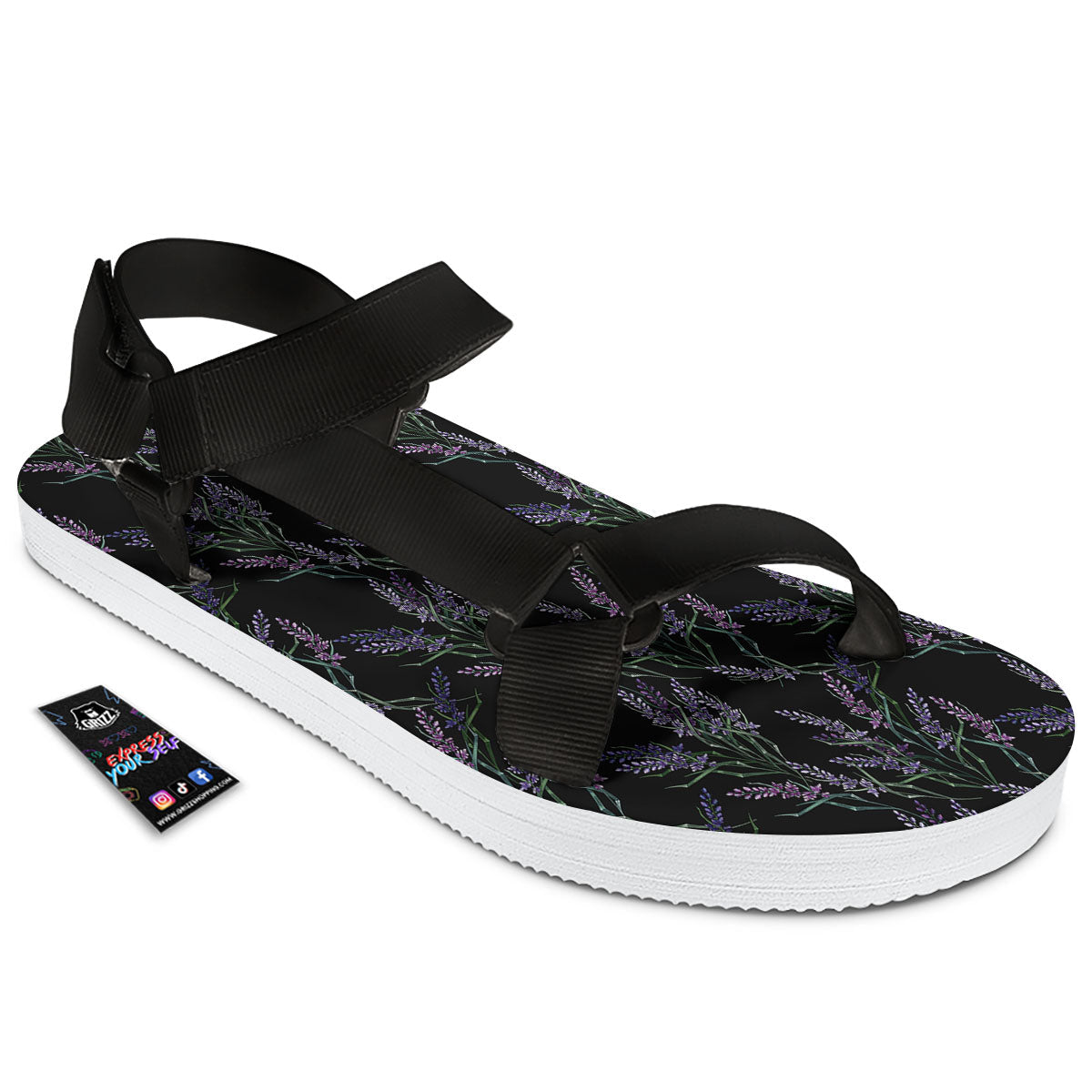 Flowers Lavender Print Pattern Black Open Toe Sandals-grizzshop