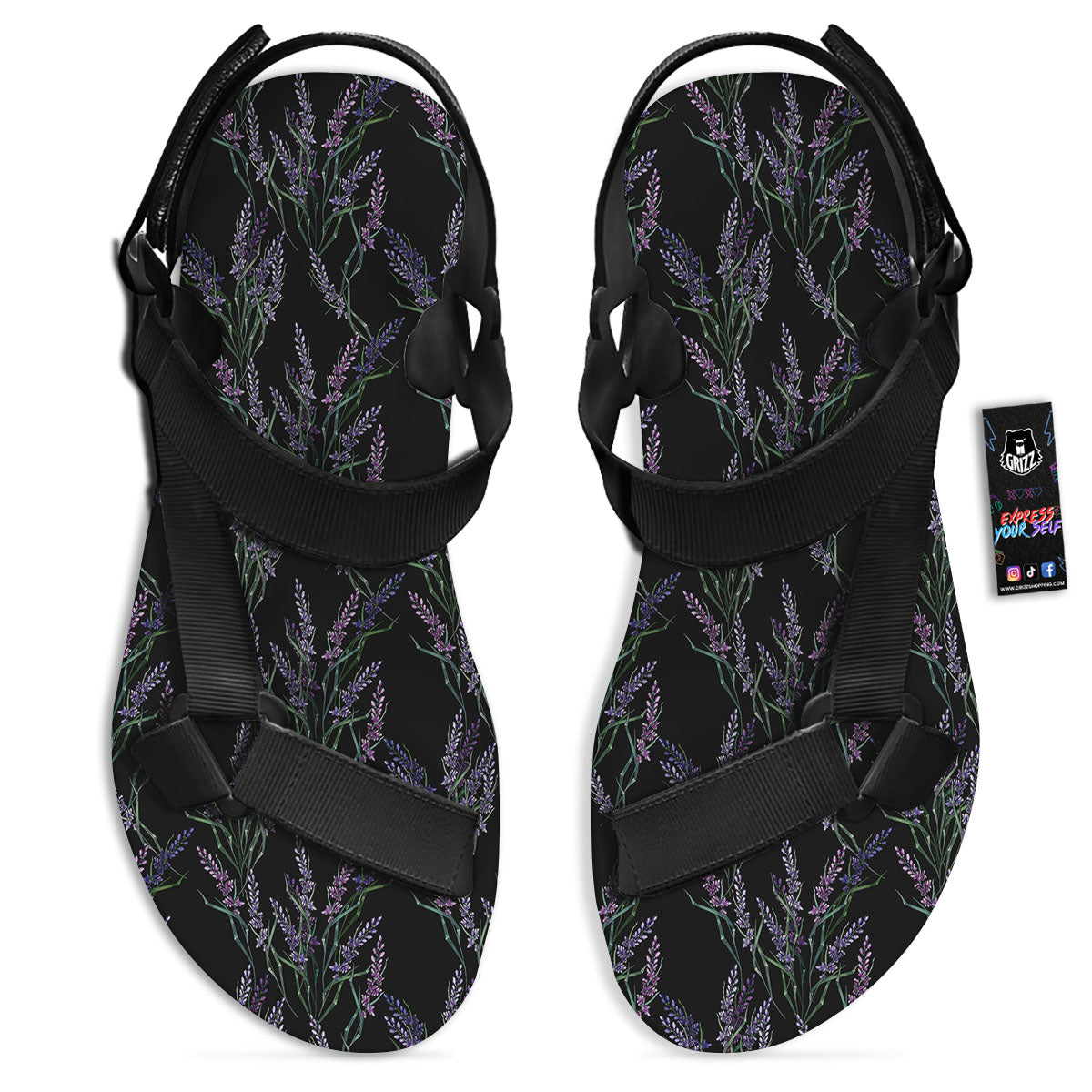 Flowers Lavender Print Pattern Black Open Toe Sandals-grizzshop