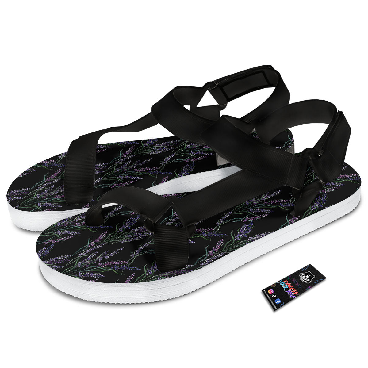 Flowers Lavender Print Pattern Black Open Toe Sandals-grizzshop