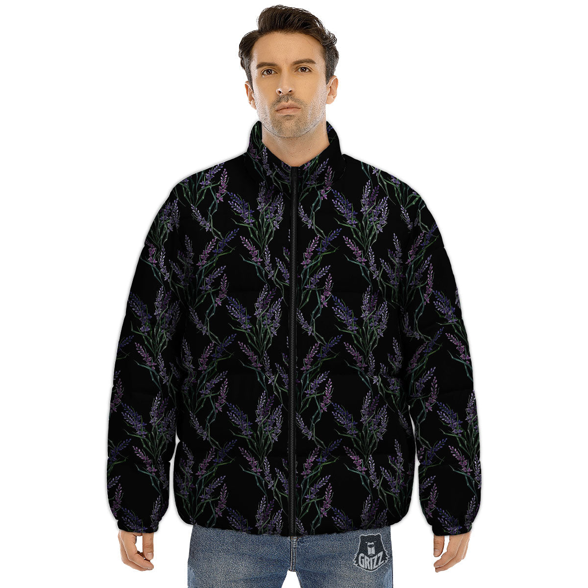Flowers Lavender Print Pattern Puffer Jacket-grizzshop