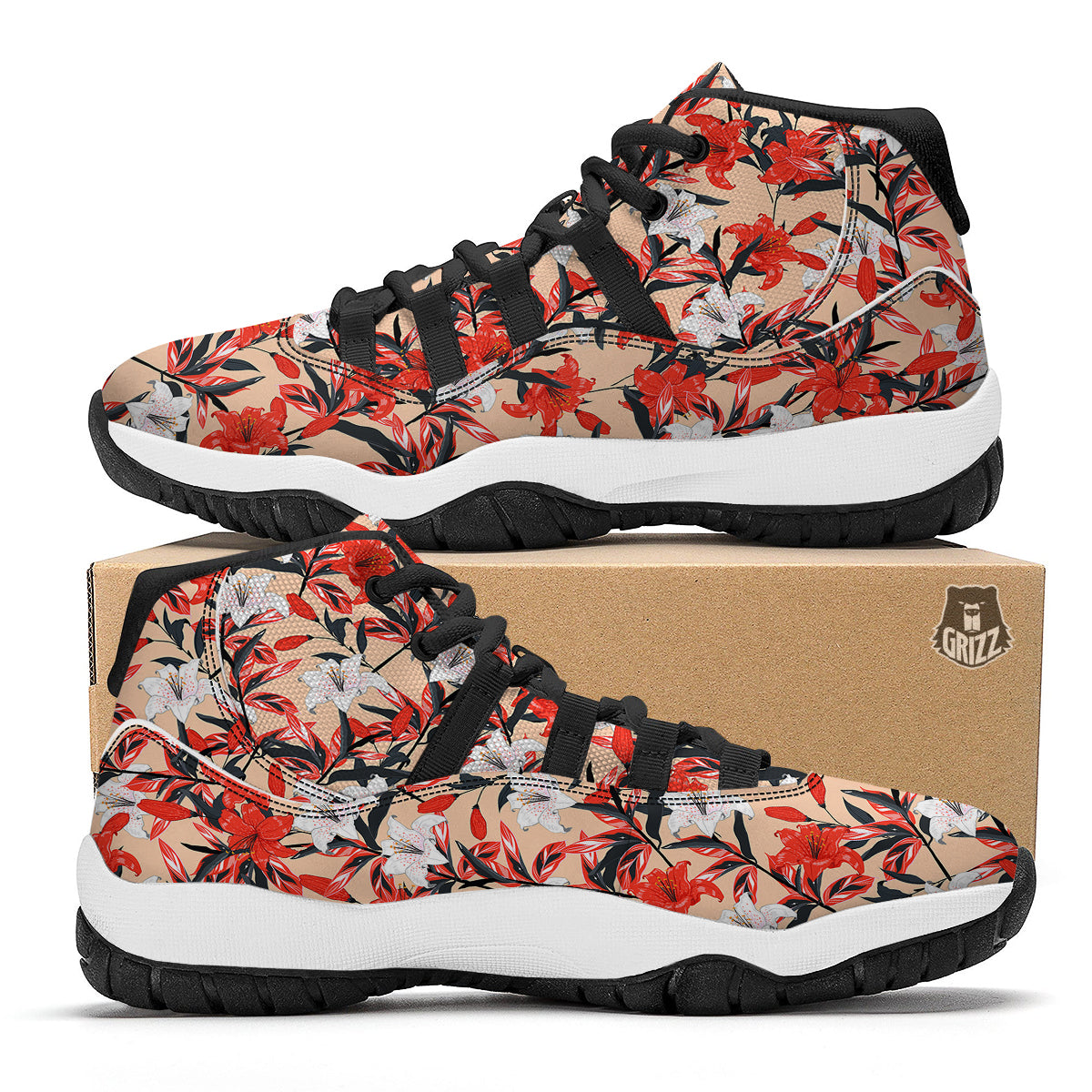 Flowers Lily Watercolor Print Pattern Black Bball Shoes-grizzshop