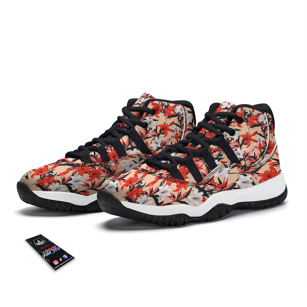 Flowers Lily Watercolor Print Pattern Black Bball Shoes-grizzshop