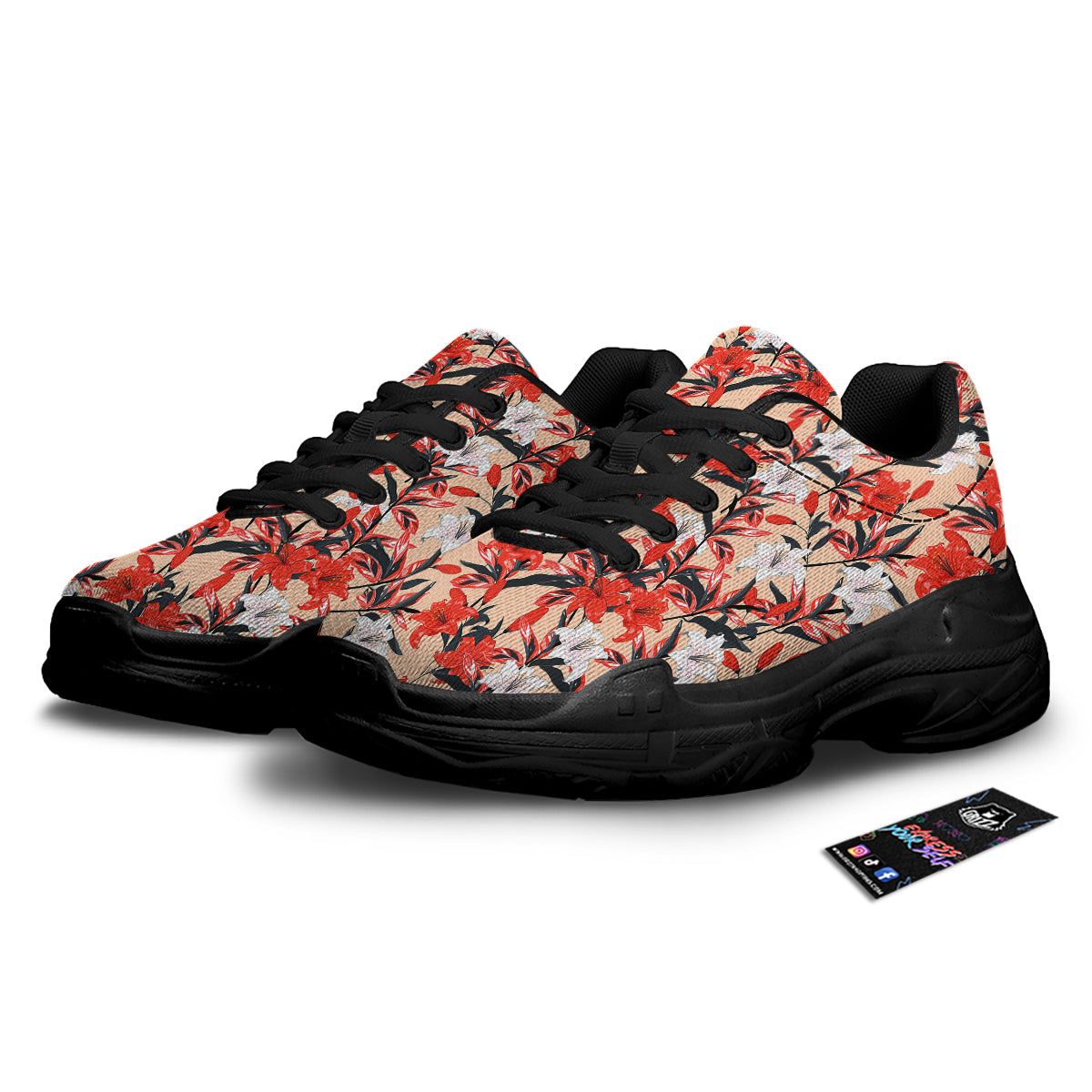 Flowers Lily Watercolor Print Pattern Black Chunky Shoes-grizzshop
