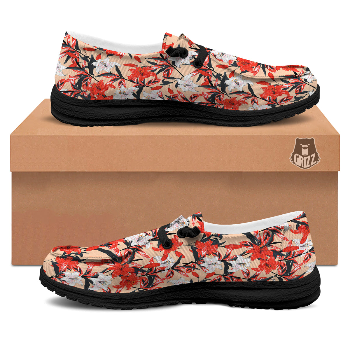 Flowers Lily Watercolor Print Pattern Black Loafers-grizzshop
