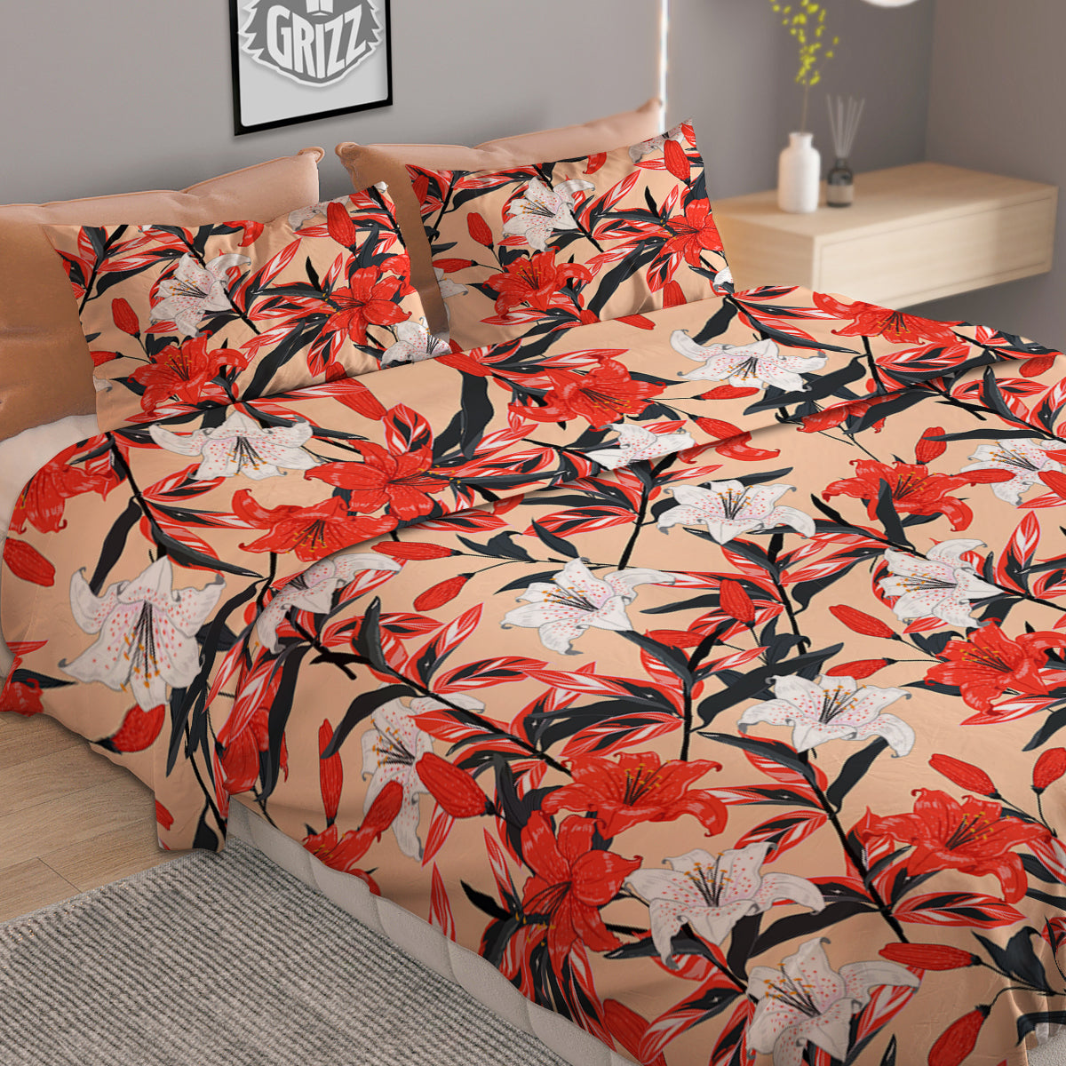 Flowers Lily Watercolor Print Pattern Duvet Cover Bedding Set