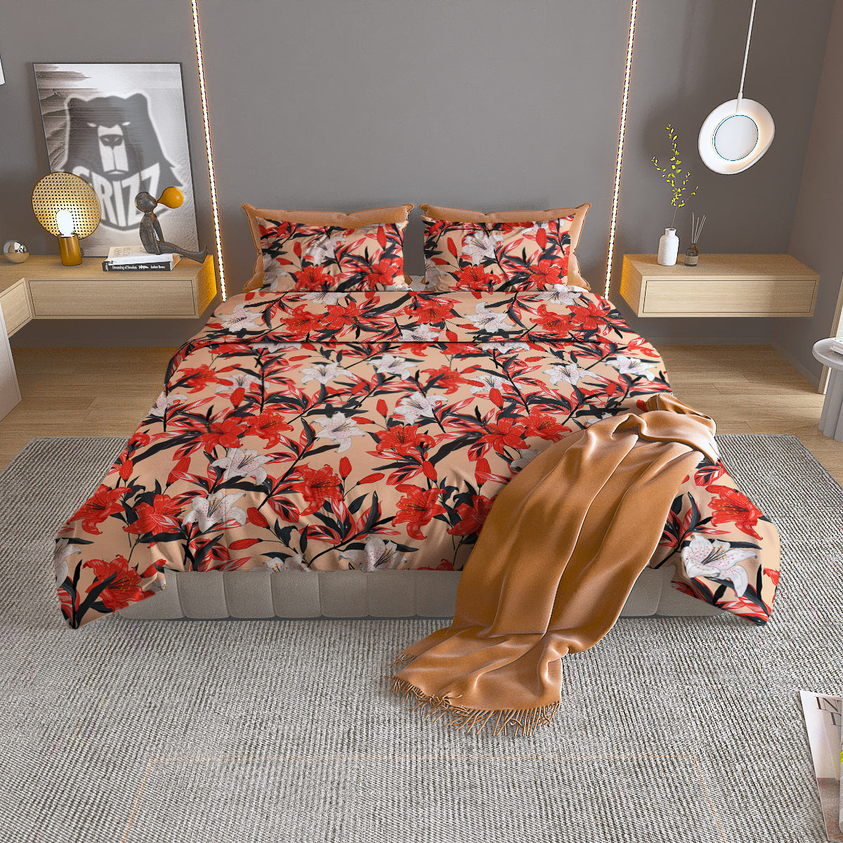 Flowers Lily Watercolor Print Pattern Duvet Cover Bedding Set