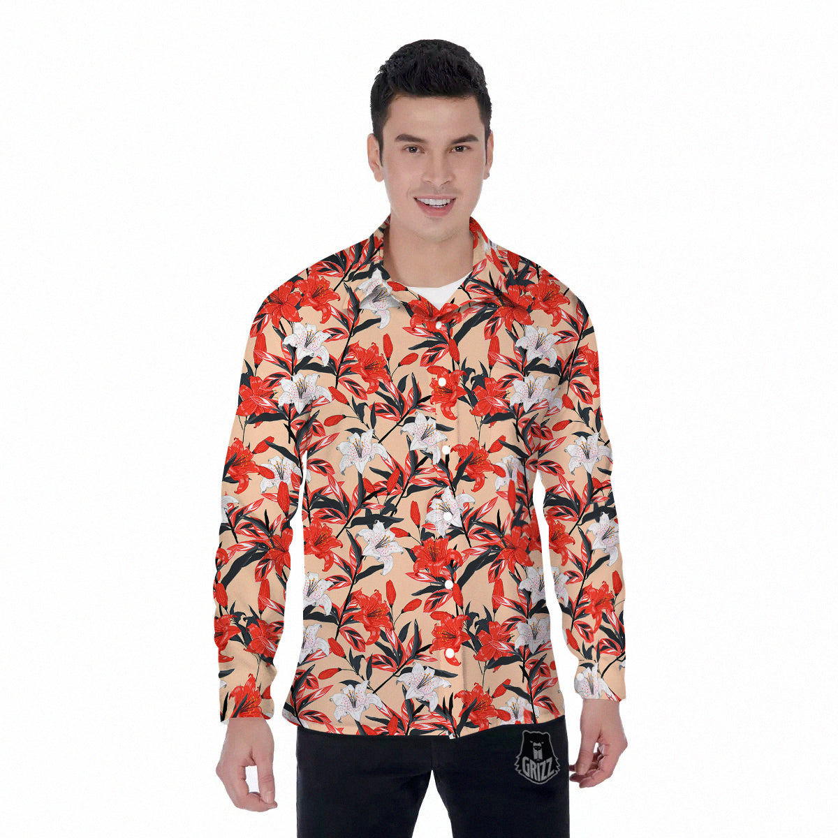 Flowers Lily Watercolor Print Pattern Men's Long Sleeve Shirts-grizzshop