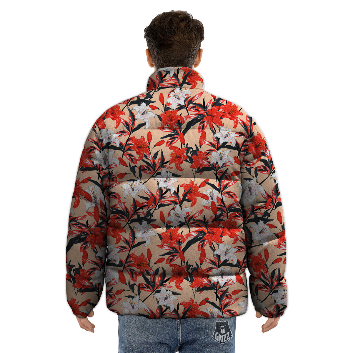 Flowers Lily Watercolor Print Pattern Puffer Jacket-grizzshop