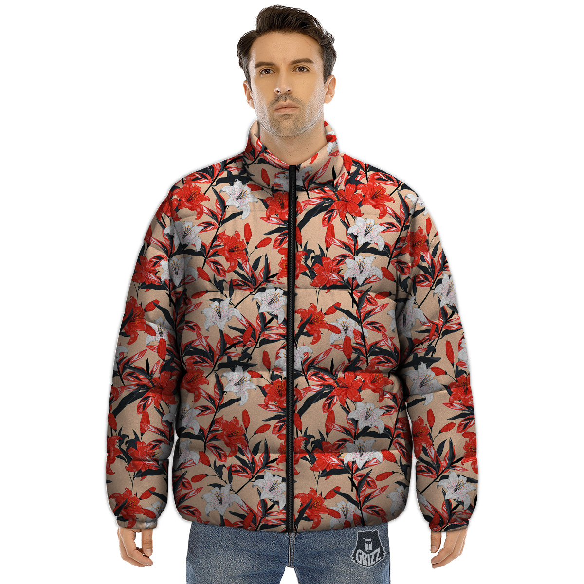 Flowers Lily Watercolor Print Pattern Puffer Jacket-grizzshop