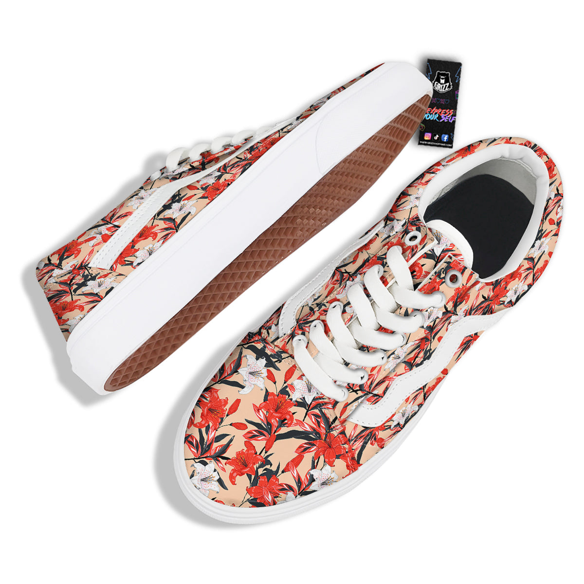 Flowers Lily Watercolor Print Pattern Skate Shoes-grizzshop
