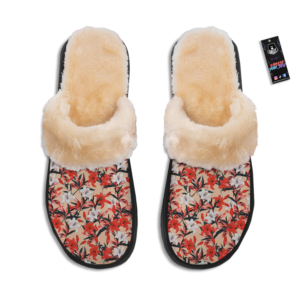 Flowers Lily Watercolor Print Pattern Slippers-grizzshop