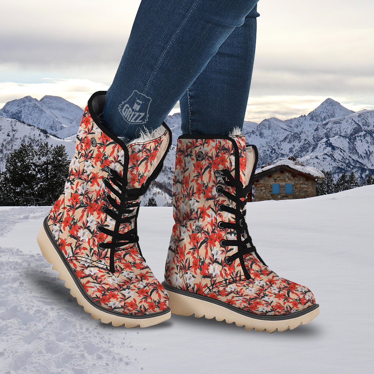 Flowers Lily Watercolor Print Pattern Snow Boots-grizzshop