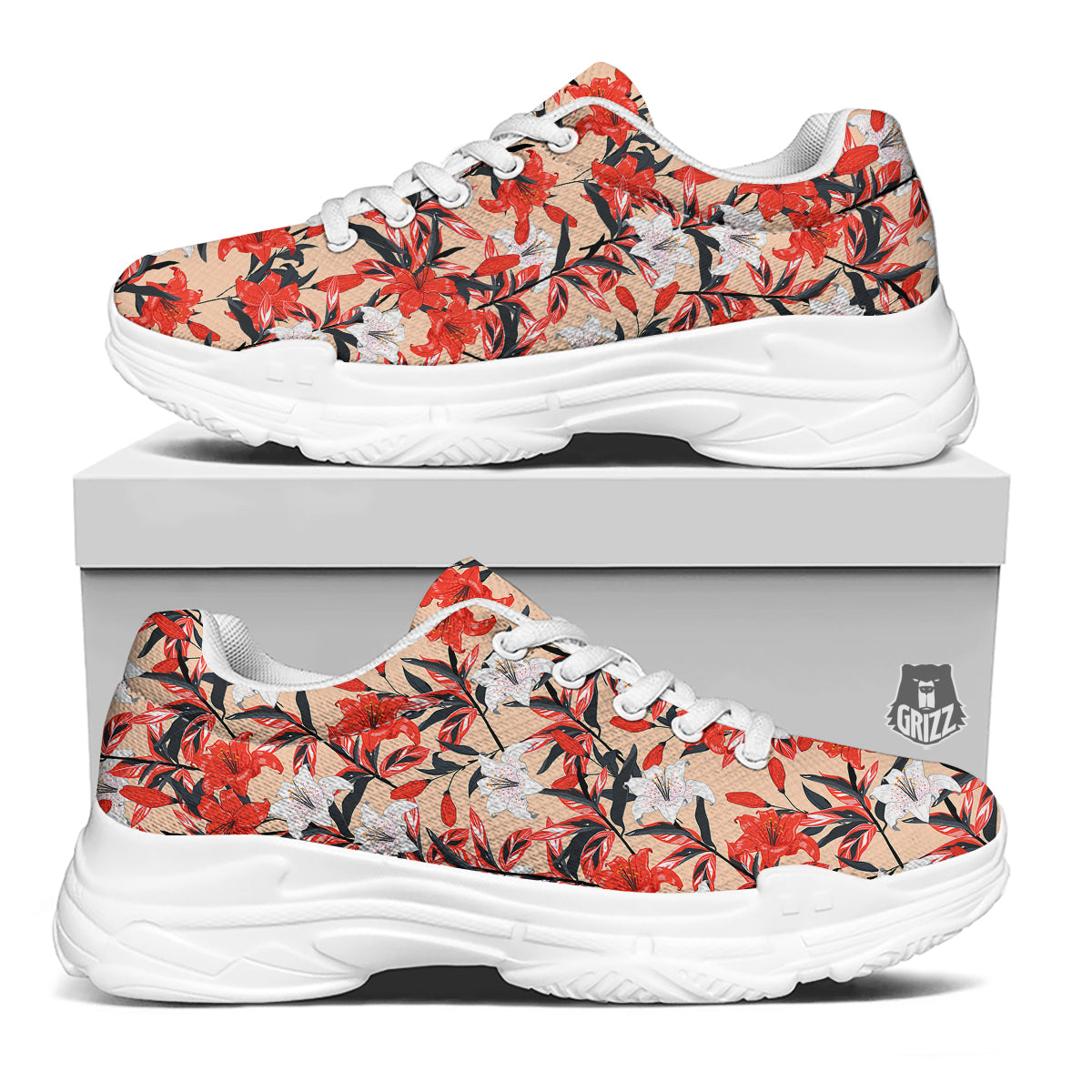 Flowers Lily Watercolor Print Pattern White Chunky Shoes-grizzshop