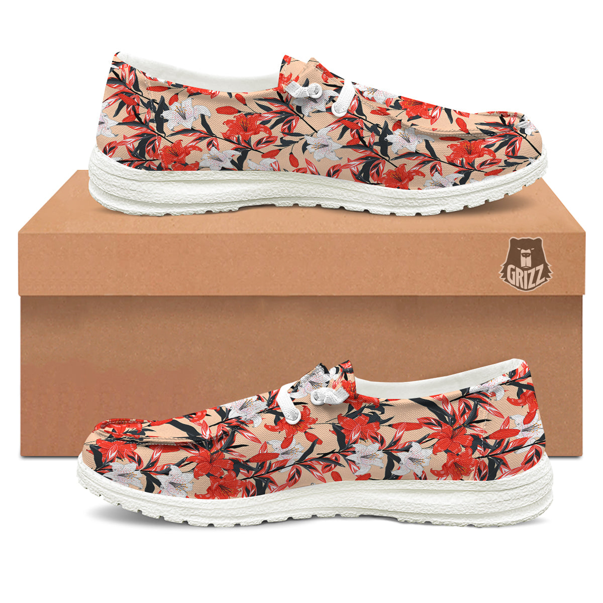 Flowers Lily Watercolor Print Pattern White Loafers-grizzshop